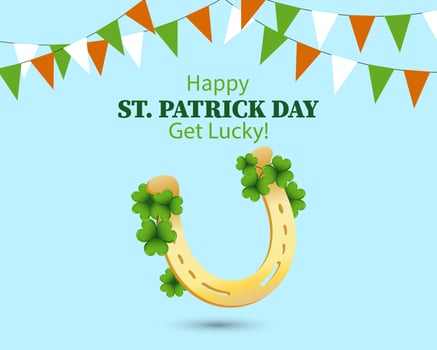 St. Patrick's Day, a golden horseshoe with clover leaves, garlands with flags. Illustration, banner, postcard, vector