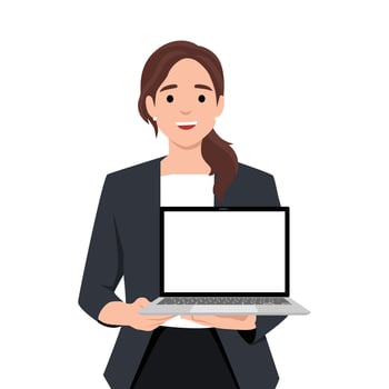 Young businesswoman showing new laptop . Person holding wireless digital computer. Female character design illustration vector