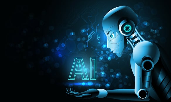 Robot man Artificial intelligence with a beautiful face look at logo AI on hand in blue circuit bokeh blur virtual cyberspace futuristic technology illustration. vector