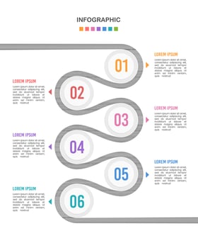 Infographic timeline 6 steps to success. Business milestone, roadmap, presentation, marketing. Vector illustration.