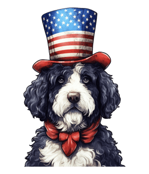Cute Patriotic Bernedoodle dog Wearing Uncle Sam Hat US Independence Day . png