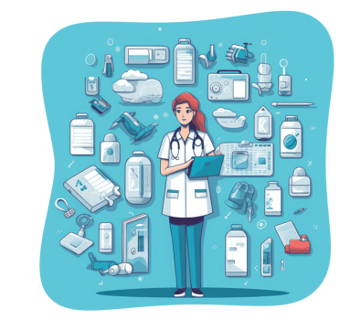 Nurse holding clipboard and clip surrounded by various medical icons . png