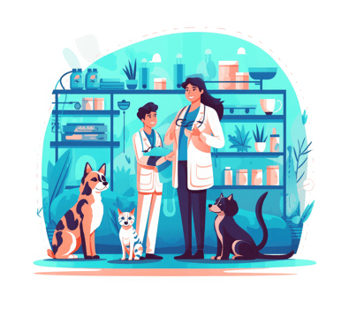 Veterinary doctor and assistant examining dog and cat . png