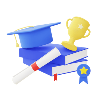3d illustration icon of blue education college graduation hat book and trophy png