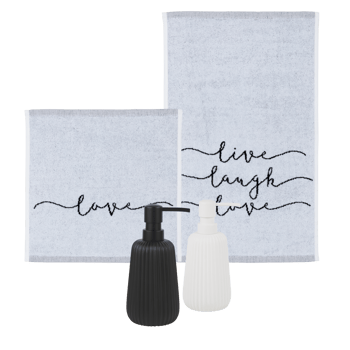 Towels, full and folded, and a pump bottle of liquid soap isolated transparent background png