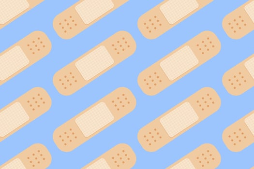 Beige Medical Band Aid Plaster Seamless Pattern background. Cute children's illustration of medical tape on blue background. Vector Illustration. EPS 10.