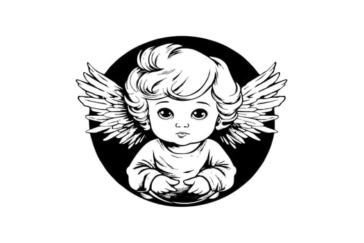 Little angel logotype vector retro style engraving black and white illustration. Cute baby with wings