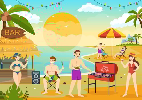 Barbecue and Grill Set Vector Illustration People Grilling or BBQ Party Food at Park in Festival and Summer Cooking Cartoon Hand Drawn Templates