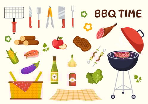 Barbecue and Grill Set Vector Illustration People Grilling or BBQ Party Food at Park in Festival and Summer Cooking Cartoon Hand Drawn Templates