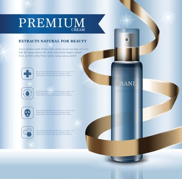 Hydrating facial cream for annual sale or festival sale. gold serum mask bottle isolated on glitter particles background. Graceful cosmetic ads, illustration. vector