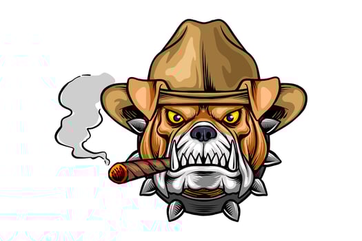 Vector illustration of a bulldog head wearing a cowboy hat and smoking a cigar