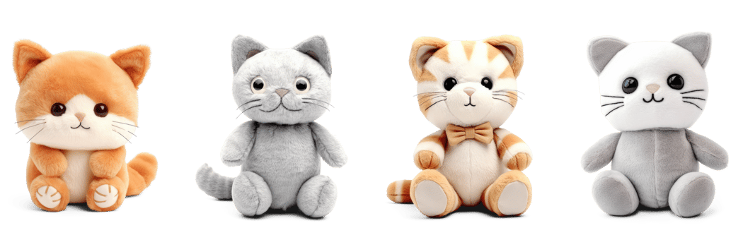 Stuffed kitten toys set isolated on transparent background. Fluffy soft cat toys png