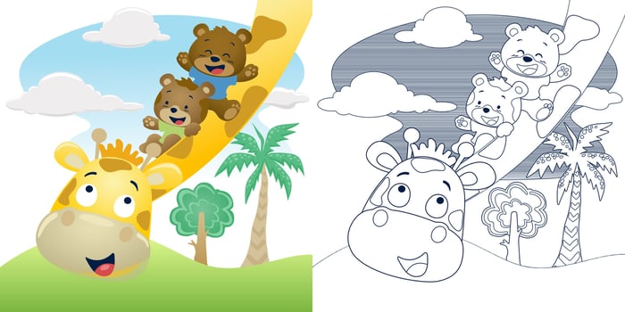 Vector illustration cartoon of bear and cat sliding on giraffes neck in forest. Coloring book or page