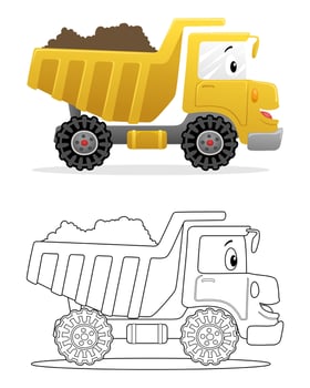 Vector illustration of cartoon funny dump truck. Coloring book or page for kids