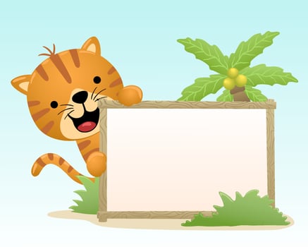 Vector illustration of cartoon cat with frame border template and palm tree