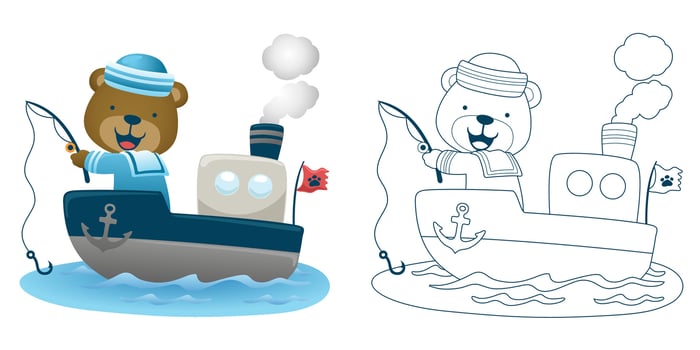 Vector illustration of cartoon bear in sailor costume fishing on ship. Coloring book or page