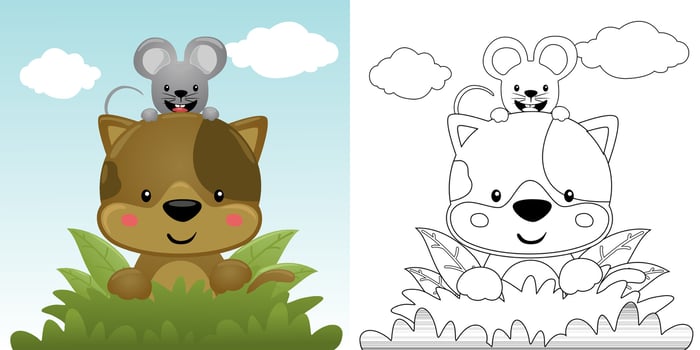 Vector illustration of cartoon cat with mouse in bushes. Coloring book or page for kids