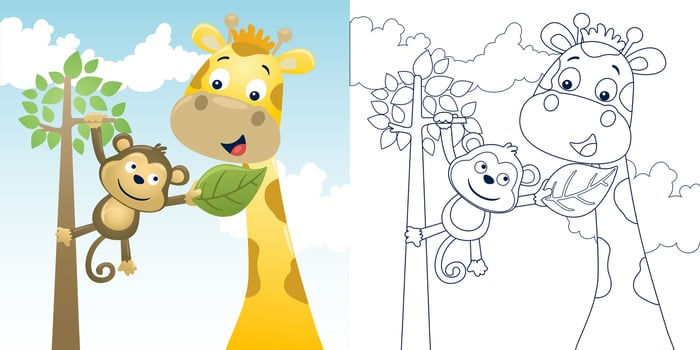 Vector illustration of cartoon giraffe with monkey on tree. Coloring book or page for kids