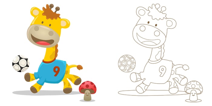 Vector illustration of cartoon funny giraffe playing soccer with mushroom. Coloring book or page