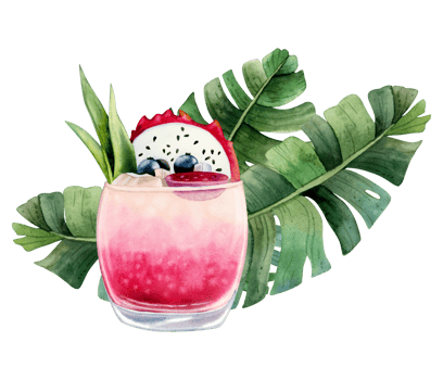 Tropical dragon fruit cocktail lemonade with pitaya and green palm leaves watercolor illustration. Fresh summer exotic drink png