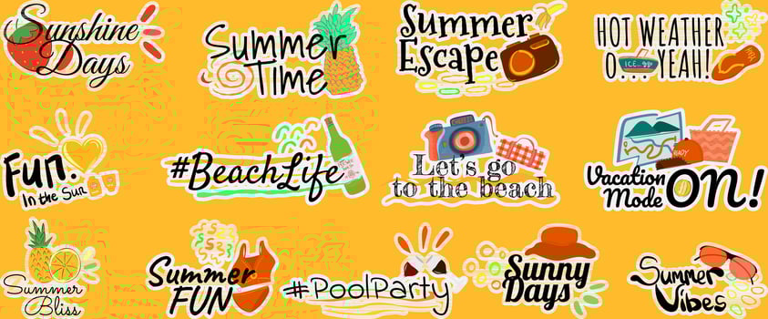 hand drawn vector illustration summer themed labels, logos, and tags, perfect for your vacation, beach, and sun inspired projects. Tropical vibes and fun elements enhance your designs