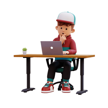 3d male character thinking and working on a laptop png