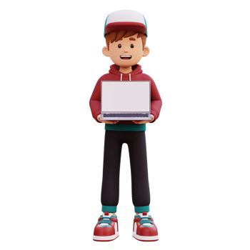 3d male character holding and presenting a laptop with empty screen png