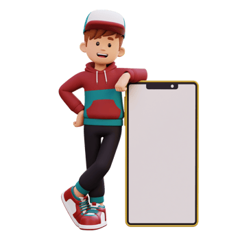 3d male character laying on a big smart phone with empty screen png