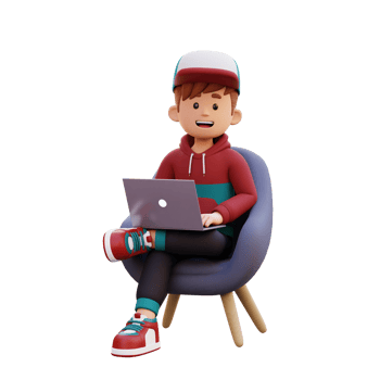3d male character sitting on a sofa and working on a laptop png