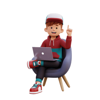 3d male character get an idea while sitting on a sofa and working on a laptop png