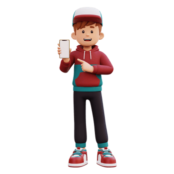 3d male character holding and pointing to a smart phone with empty screen png