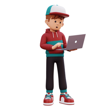 3d male character standing confused working on a laptop png