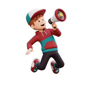 3d male character jumping and holding a megaphone png