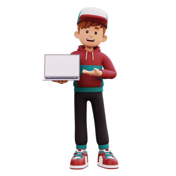 3d male character holding and presenting to a laptop with empty screen png