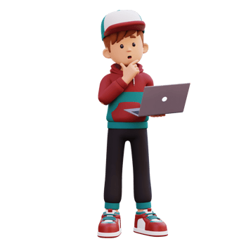 3d male character thinking and working on a laptop png