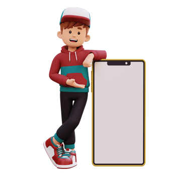 3d male character laying and presenting on a big smart phone with empty screen png