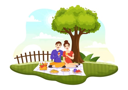 Picnic Outdoors Vector Illustration of People Sitting on a Green Grass in Nature on Summer Holiday Vacations in Flat Cartoon Hand Drawn Templates