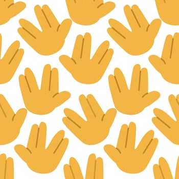 Seamless pattern in greeting from the space area. The sign of the joined fingers is the index, middle and ring fingers and the little finger. Ufo greeting, the cosmos concept. Vector cartoon