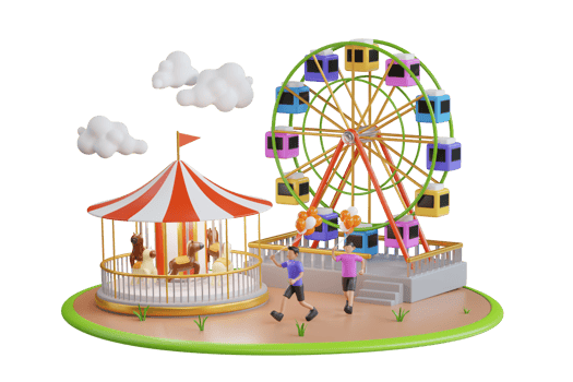 3D Children's amusement outdoor park. Kids playground for children. Theme Park scene with electric cars, ferris wheel, carrousel, trampoline. png