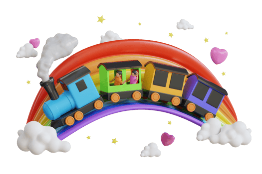 3D Illustration of Kids on a Toy Train. Toy train, 3d image of a colorful locomotive, wagons and railroad. png