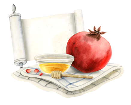 Pomegranate, honey, Torah scroll and honey dipper spoon on tea towel for Rosh Hashanah and Yom Kippur holidays greeting template watercolor illustration png