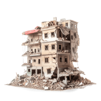 Destroyed building after earthquake isolated on transparent background - Demolished building. png