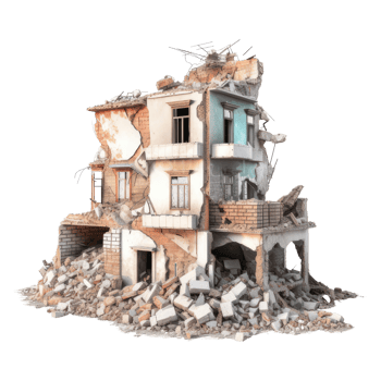 Destroyed building after earthquake isolated on transparent background - Demolished building. png