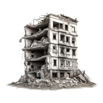 Destroyed building after earthquake isolated on transparent background - Demolished building. png