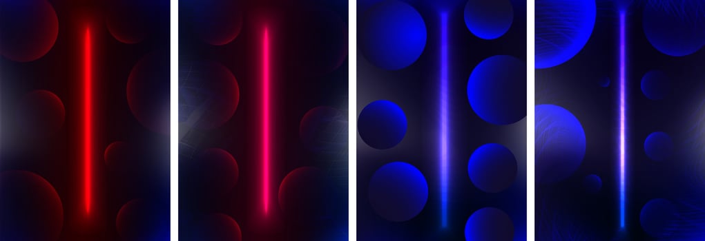 Set of red and blue glowing neon bars with 3d spheres and dimensional warp effect posters. Cyber neon abstract backgrounds. Editable Vector Illustration. EPS 10.