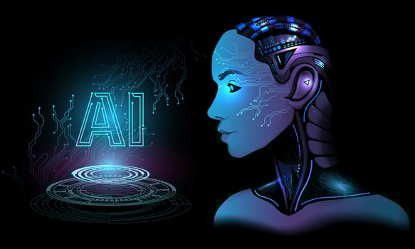 Robot man Artificial intelligence with a beautiful face look at logo AI on hand in blue circuit bokeh blur virtual cyberspace futuristic technology vector