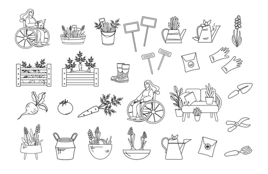 Cute gardening equipment - shovel, pitchfork, garden shears, plants, watering cans,  rattan sofa, vegetables and seeds. A woman in a wheelchair is gardening. Gardening outline vector set.
