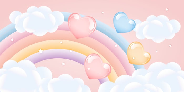 3d baby shower, rainbow with clouds and balloons on the starry sky, children's design in pastel colors. Background, illustration, vector. vector