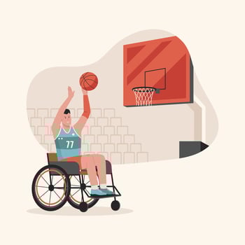 Male athlete in wheelchair sitting playing basketball vector
