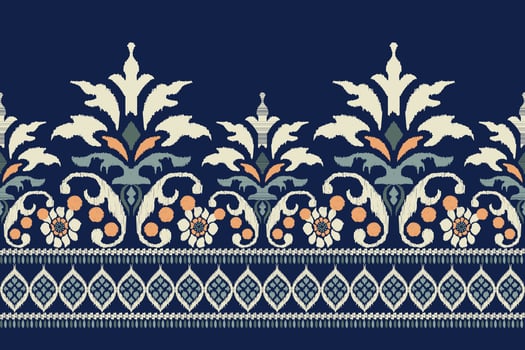 Ikat floral paisley embroidery on navy blue background.Ikat ethnic oriental pattern traditional.Aztec style abstract vector illustration.design for texture,fabric,clothing,wrapping,decoration,sarong.